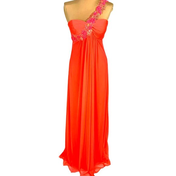 Xscape Asymmetrical Orange and Pink Embellished Gown - Picture 2 of 12